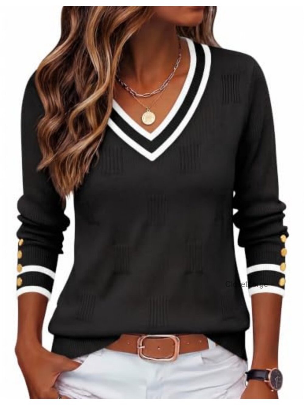 Women's V-Neck Sweater Long Sleeve Lightweight Button Cuff Pullover